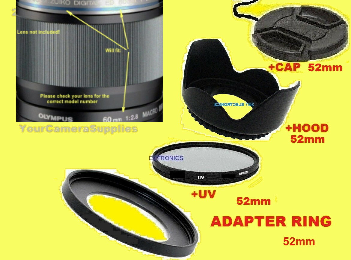 LENS HOOD+UV+CAP+RING 52mm fit Olympus M.Zuiko Digital ED 60mm f/2.8 Macro